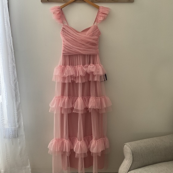 Lulus Pure Radiance Pink Mesh Swiss Dot Tiered Ruffle Straps Maxi Dress NWT S - Picture 4 of 15